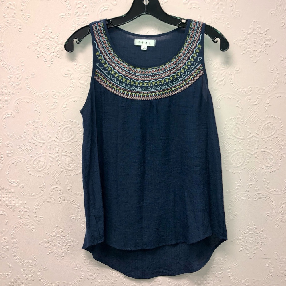 THML sleeveless tunic blouse sheet with embroidery navy blue S